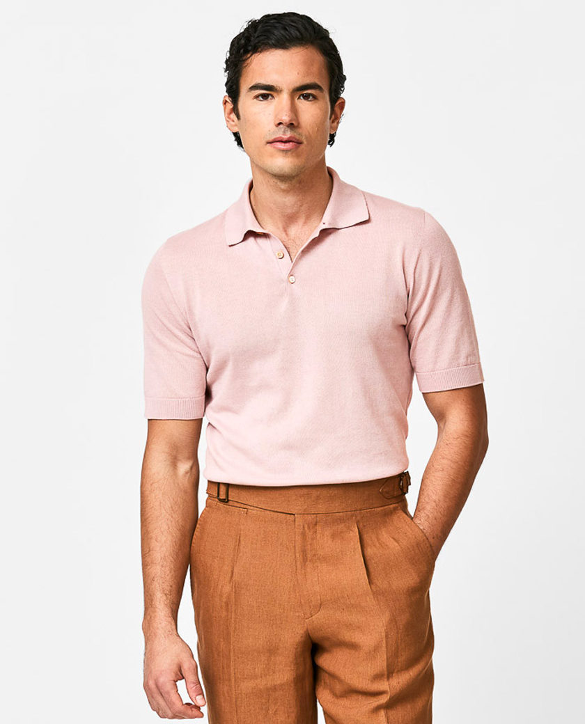 Pale Pink Cotton-Cashmere Polo Knit
