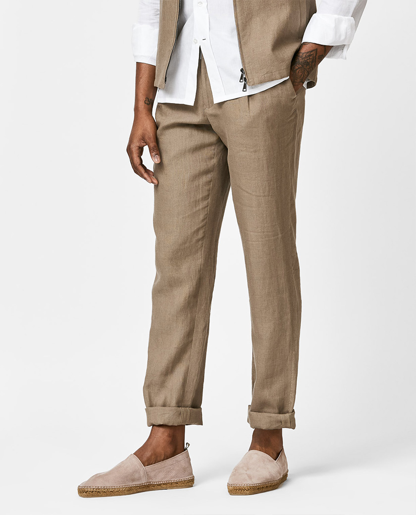 Taupe Linen Drawstring Trousers