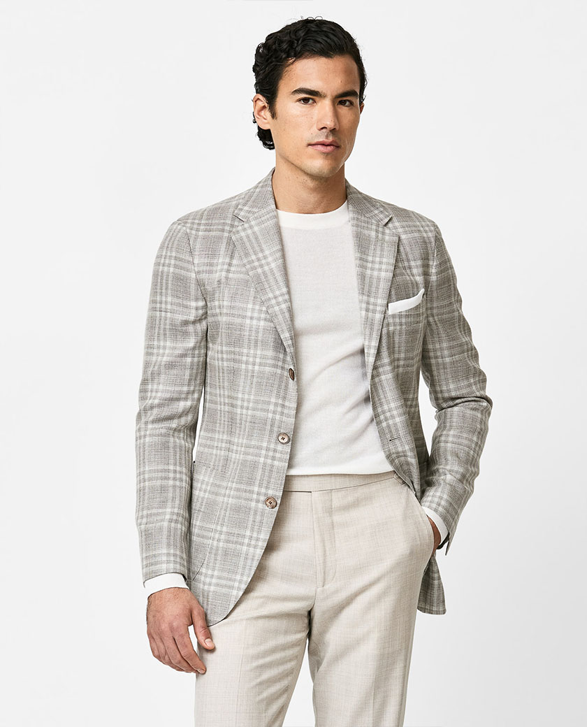 Beige Wool-Silk-Linen Check Jacket
