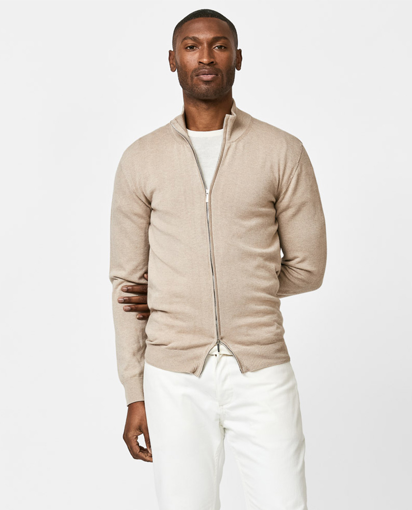 Sand Cotton-Cashmere Full-Zip Knit