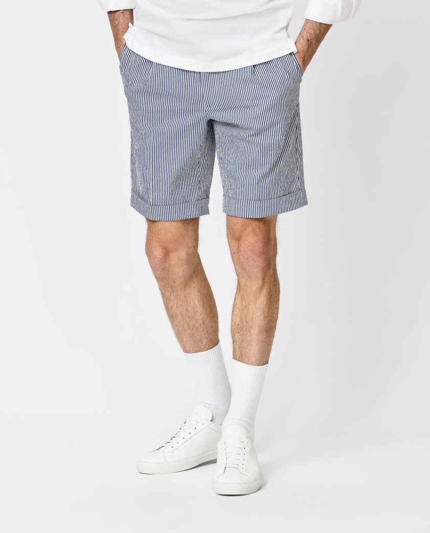 Blue Stripe Stretch Seersucker Bermuda Shorts