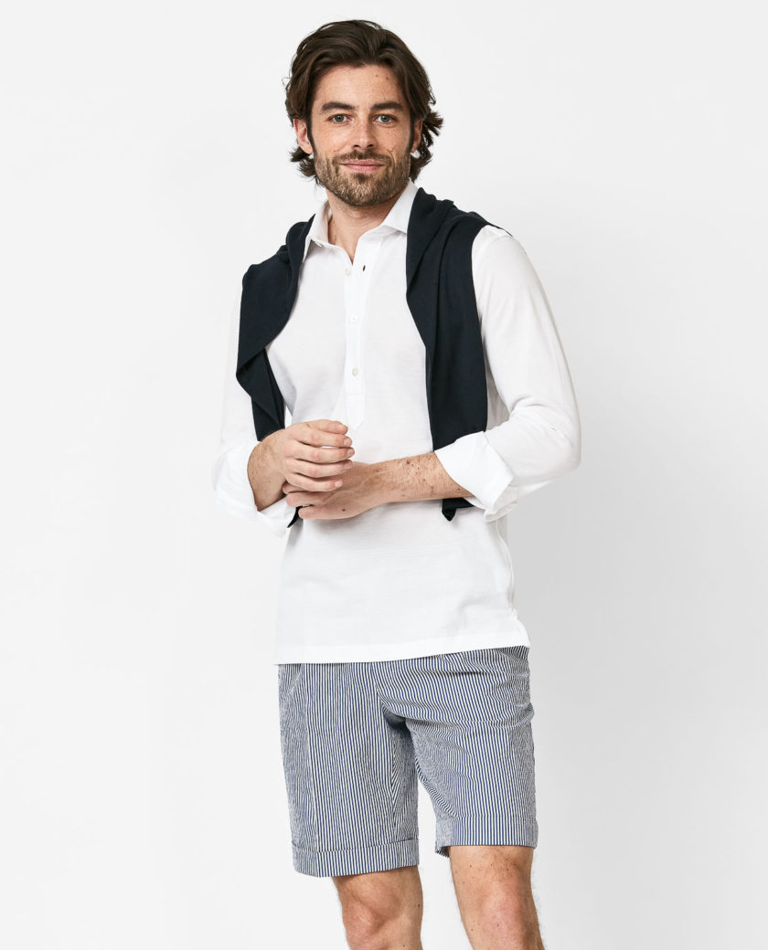 White Cotton Piqué Knit Popover Shirt