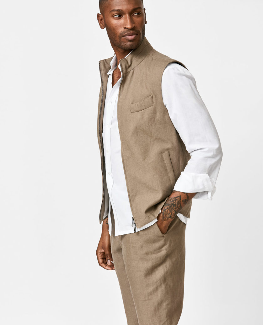 Taupe Linen Two-Way Zip Vest