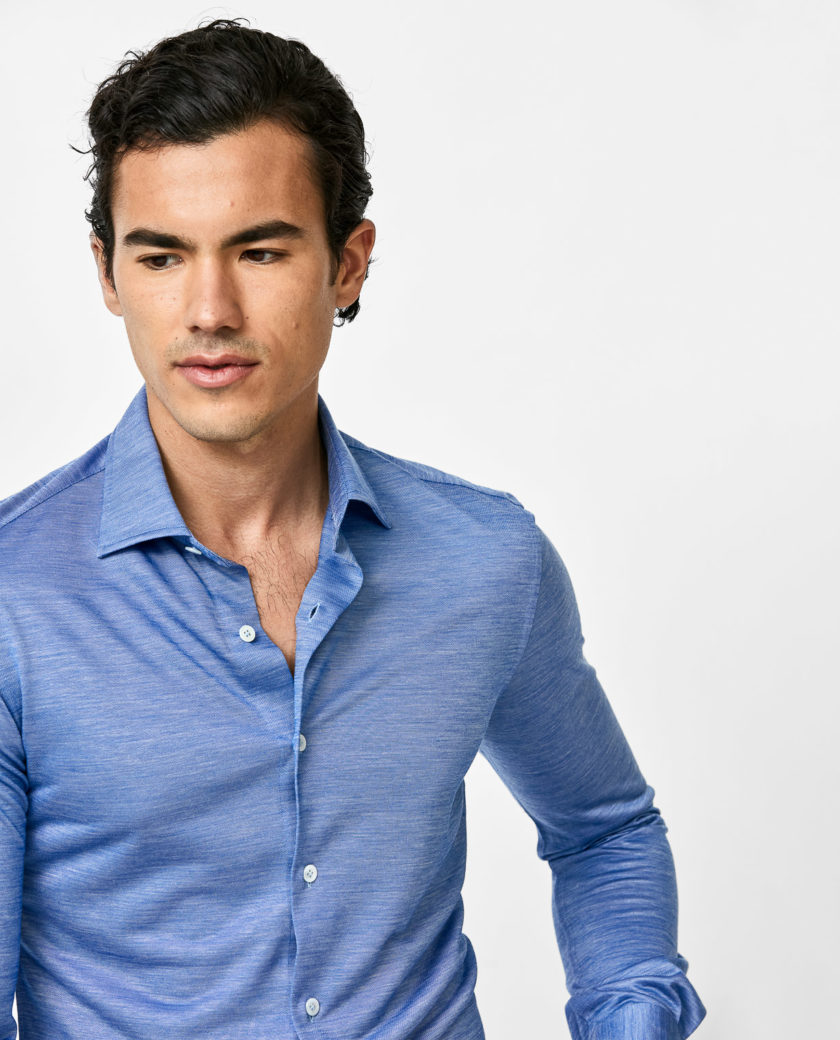 Azure Blue Wool-Lyocell Piqué Knit Shirt