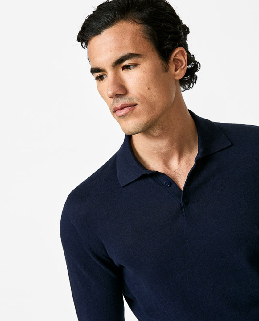 Navy Blue Cotton-Cashmere Polo Knit