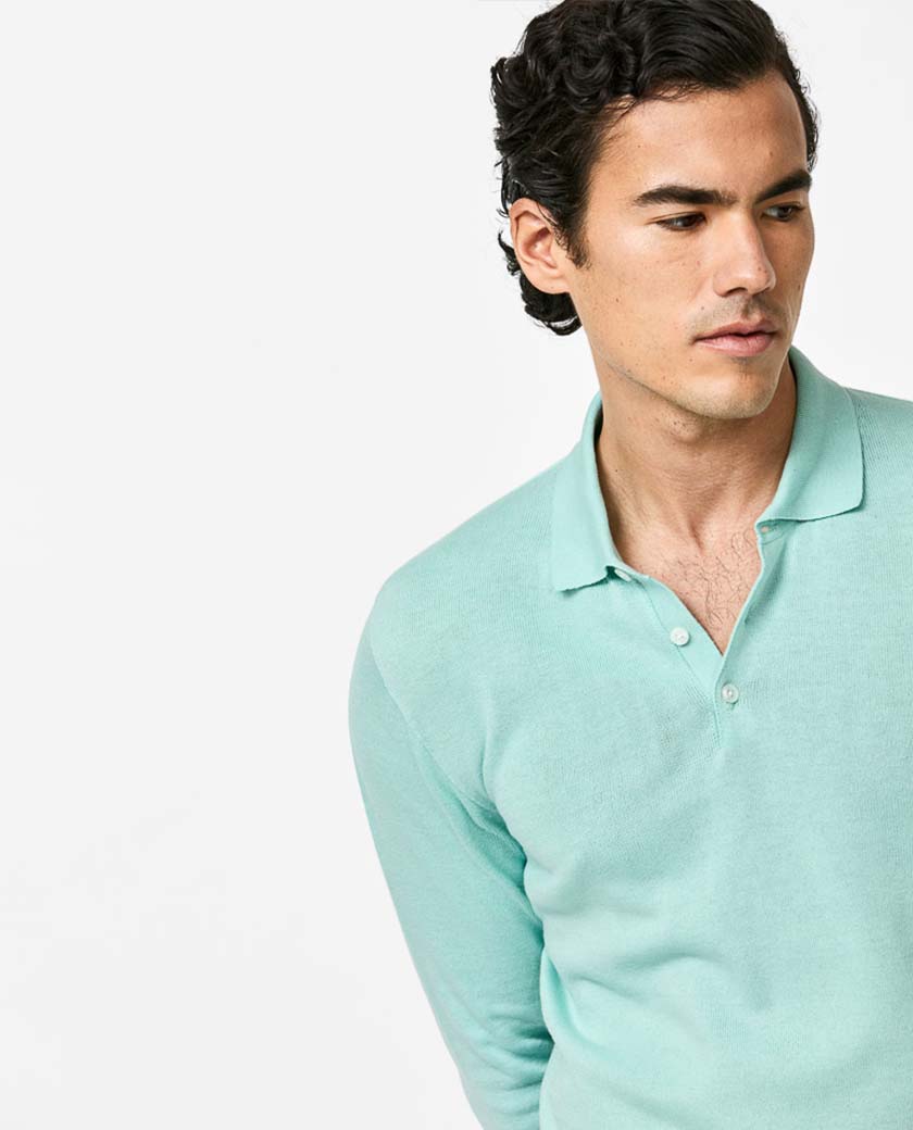 Turquoise Cotton-Cashmere Polo Knit