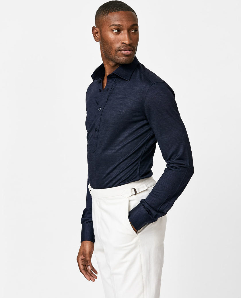 Navy Wool-Lyocell Piqué Knit Popover Shirt