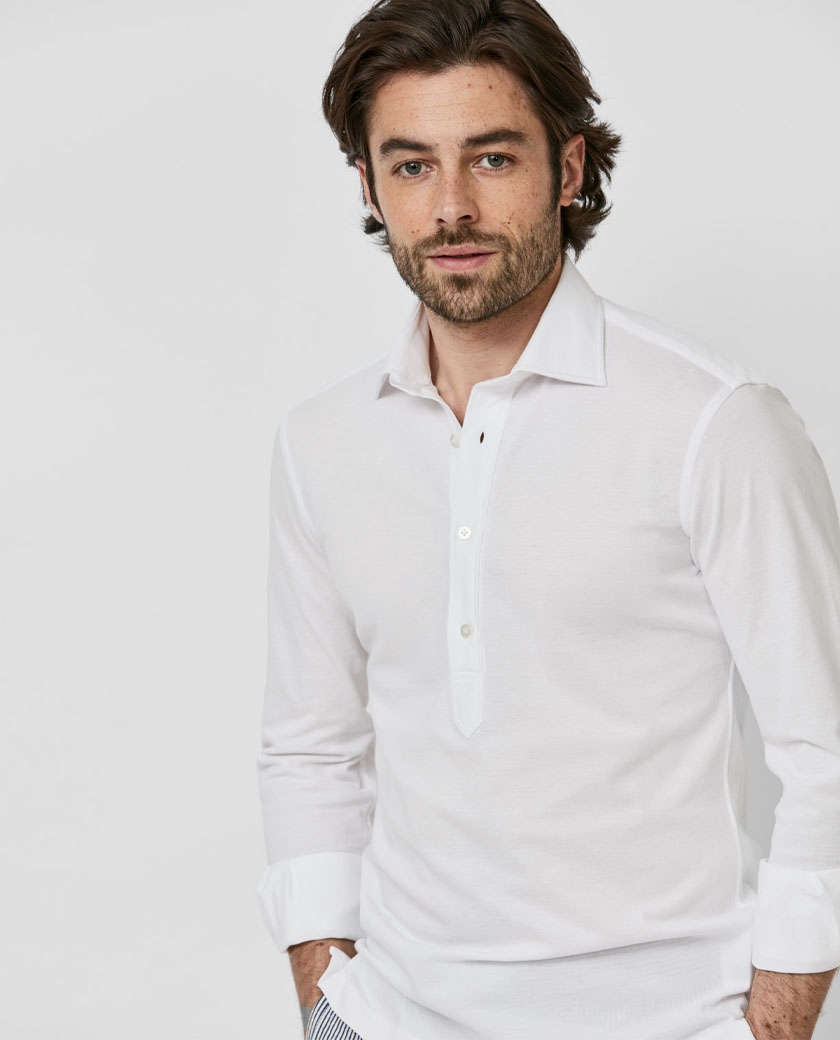 White Cotton Piqué Knit Popover Shirt