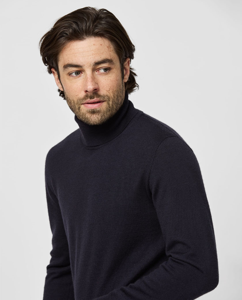 Midnight Blue Cashmere-Silk Turtleneck Knit