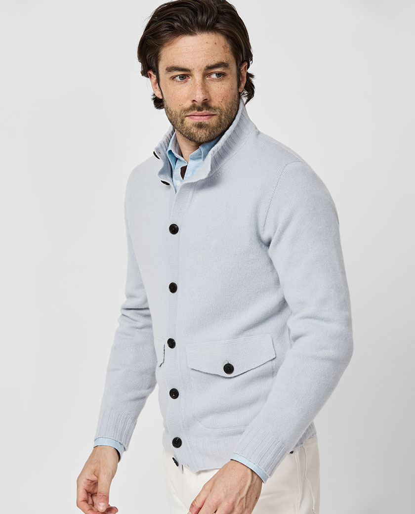 Light Blue Wool-Cashmere Full-Button Bomber Knit