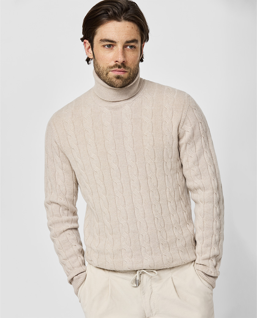 Sand Wool-Cashmere Turtleneck Cable Knit