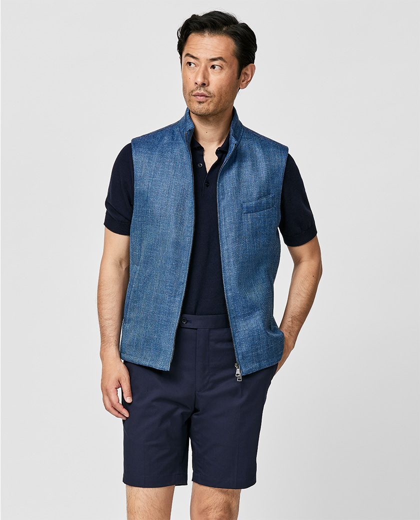 Cobalt Wool-Silk-Linen Herringbone Vest