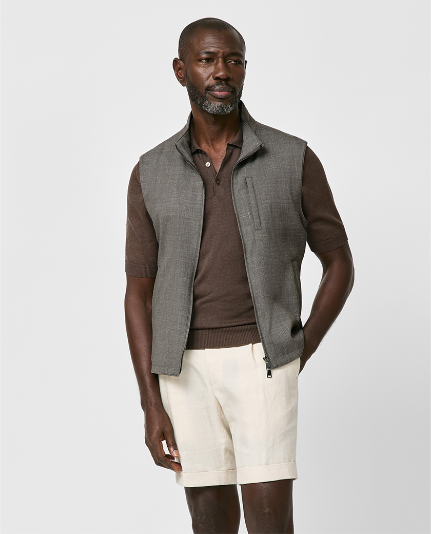 Taupe Stretch Wool-Silk-Linen Vest