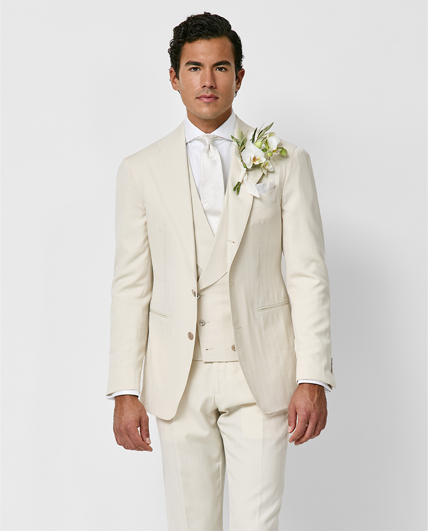 Ivory S130 Wool Solaro Herringbone 3-Piece Suit