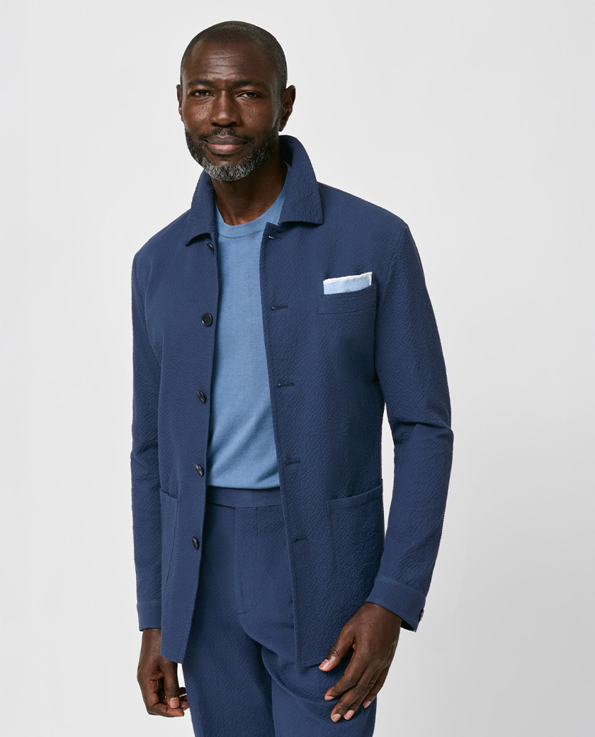 Dark Blue Stretch Cotton Seersucker Utility Suit