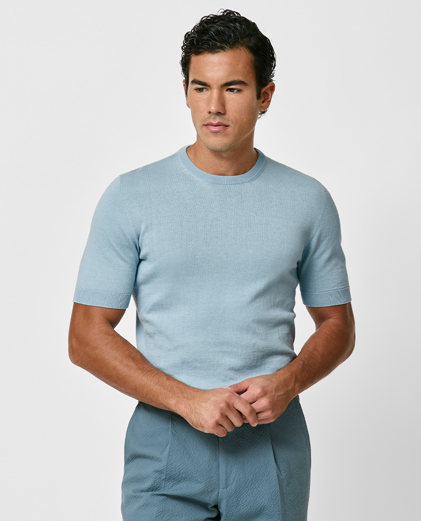 Sky Blue Cotton-Cashmere Crew Neck Knit