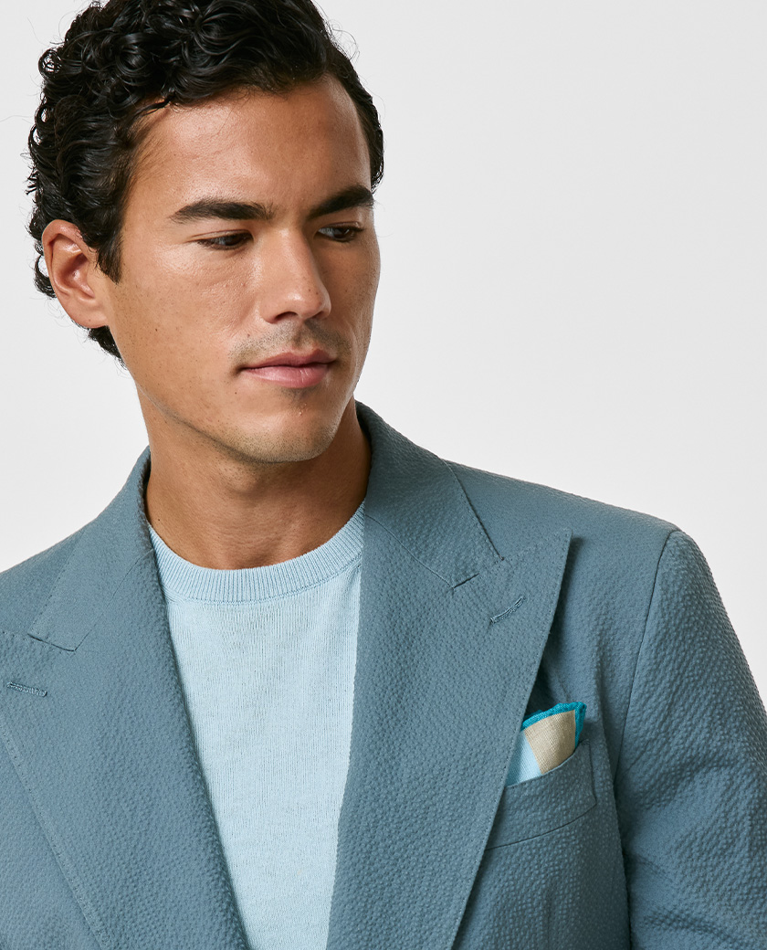 Blue & Beige Abstract Shapes Linen-Silk Pocket Square