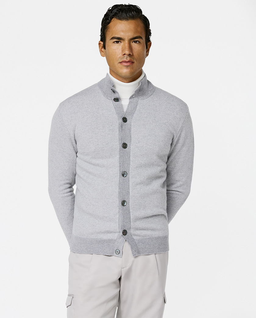 Diagonal Jacquard Full Button Wool-Cashmere
