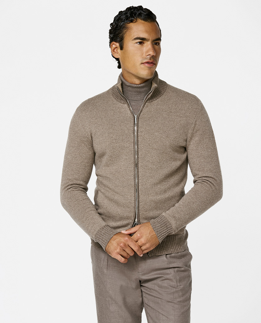 Diagonal Jacquard Full Zip Wool-Cashmere Contrast