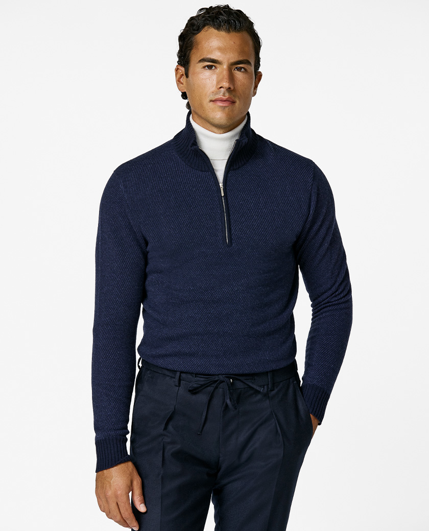Diagonal Jacquard Half-Zip Wool-Cashmere